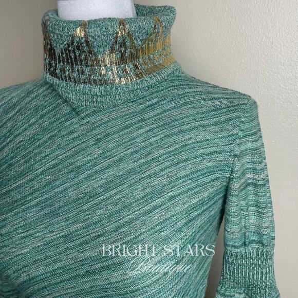 Rare Green Sweater Long Sleeve Gold Foiled Turtleneck ALT ASO Monica Lorelai - Picture 8 of 10